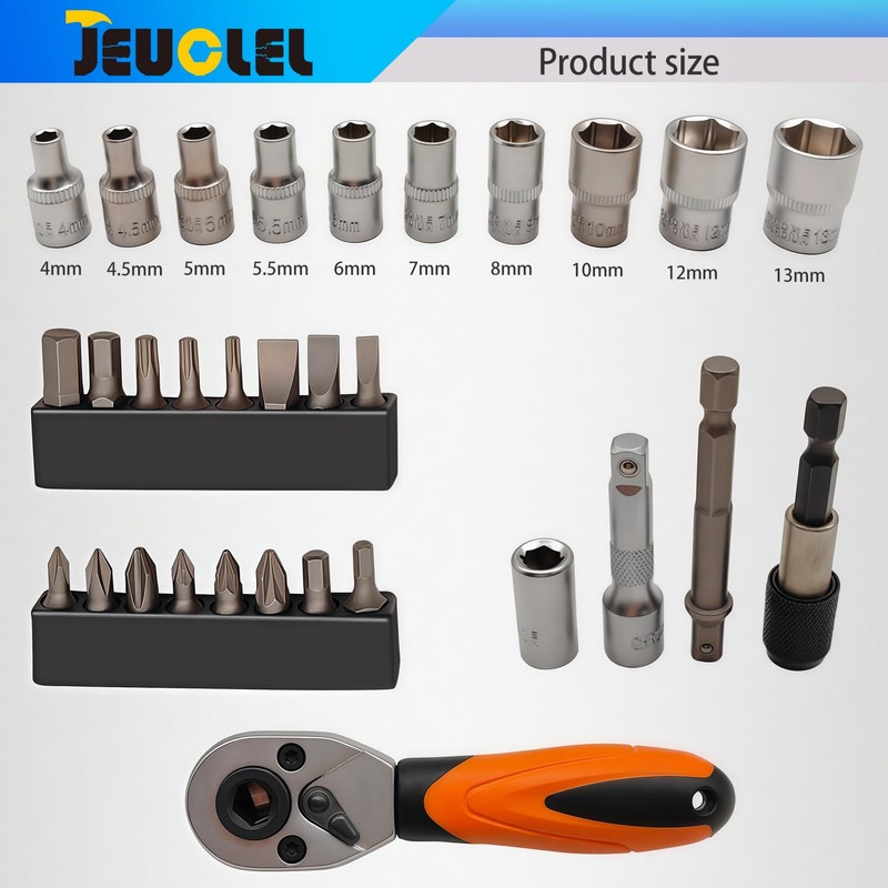 JEUCLEL 31PCS 1/4" Drive Mini Ratchet Set with bits, Torx,