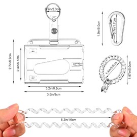 Wrist Coil ID Badge Holder with Multitool Aluminum Carabiner Clip,Stretchable Spiral Wristband Key Ring,for Lanyard Outdoor Camping Cruise (Clear Horizontal,PC)
