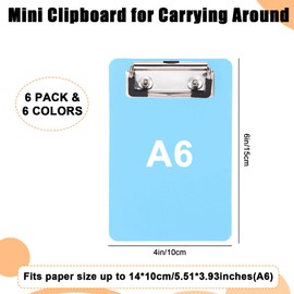 6 Pack Mini Clipboards Bright Colors 4x6 In, Plastic Small Clipboards, A6 Letter Size Small Mini Clipboard Pocket Clipboard with Clips, Memo Size Notepads, Clip Boards for Classroom Restaurants Office