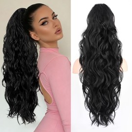 LRSICAL Ponytail Extension, Claw Clip Ponytail Extensions Long Wave Black Ponytail Extensions for Women Fluffy Natural Synthetic 26 Inch Hairpiece for Daily Use