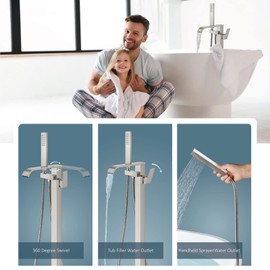 Aolemi Freestanding Bathtub Faucet Floor Mount Tub Filler with Handheld Spray Single Handle Free Standing Bathroom Faucets Swivel Curved Waterfall Spout Brushed Nickel