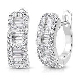 925 Sterling Silver Baguette Round CZ Hoop Huggie Earrings, 0.5"