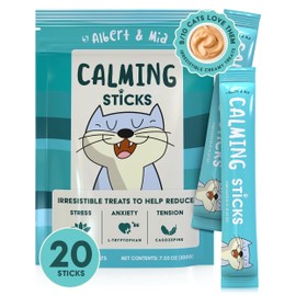 ALBERT & MIA Calming Sticks Lickable Calming Cat Treats for Stress and Anxiety Relief for Cats, Irresistible - Vet Recommended (Sleeping Aid, Vet Visits, Grooming, Car Rides, Plane) 20 Pack