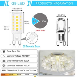 OHLGT G9 LED Bulbs, 5W (40W Halogen Equivalent), Daylight White 6000K G9 Base Bulbs for Chandeliers, 400LM Non-Dimmable for Home Lighting, 5Packs