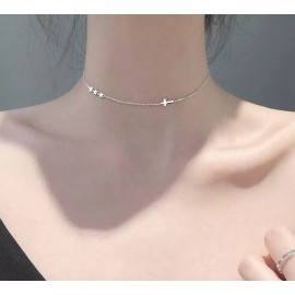 Unbranded Silver 3-Star Faith Cross White Gold Plated Pendant Chain Choker Necklace TH2