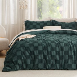 Bedsure Queen Size Comforter Set Emerald, Boho Tufted Bedding Comforter Set, Checkered Farmhouse Shabby Chic Bed Set, 3 Pieces, 1 Plaid Geometric Comforter and 2 Pillow Shams