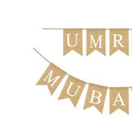 Umrah Mubarak Hessian Banner – Rustic Burlap Flag Bunting for Umrah Decorations | Islamic Party Decor for Umrah Mubarak Celebrations, Welcome Home Events & Send-Off Gatherings