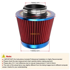 Cold Air Intake Filter, High Performance, Washable Filter, Clamp-On Replacement Air Filter, Flange Diameter 3inch/76mm Red