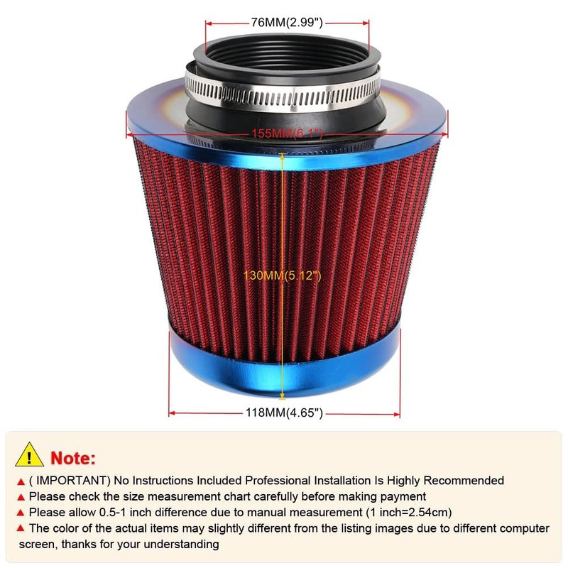Cold Air Intake Filter, High Performance, Washable Filter, Clamp-On Replacement
