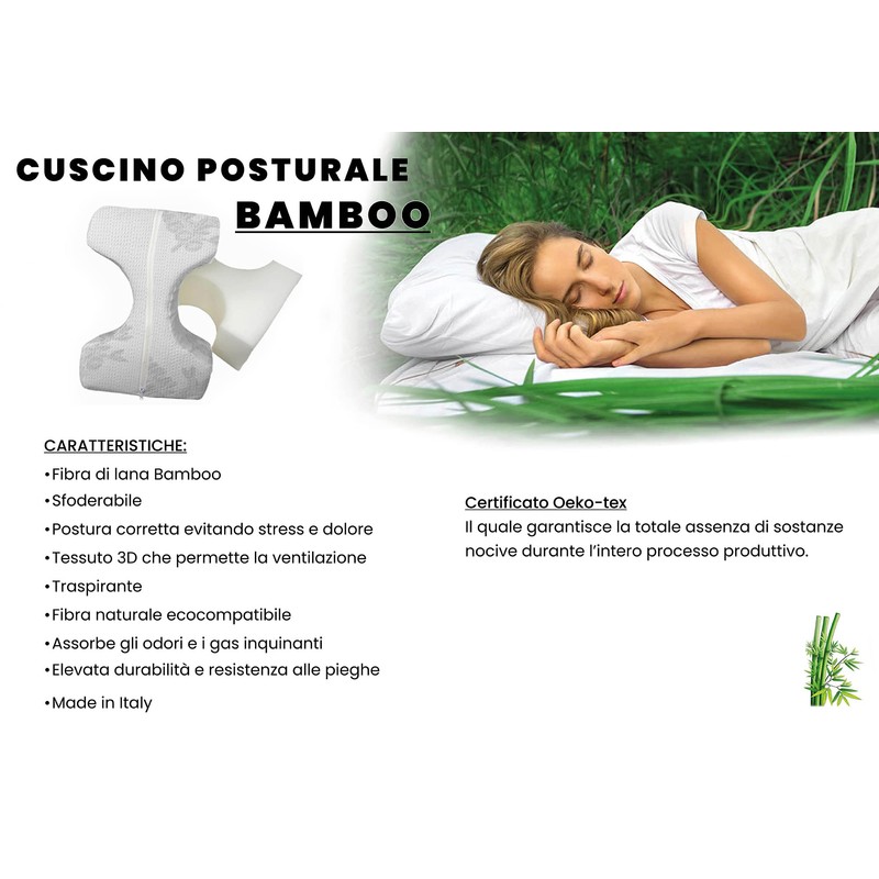 Italian Bed Linen Postural Cushion, Bamboo, 30x23x12 cm