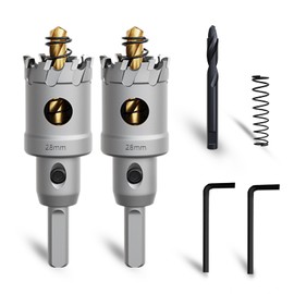 METOTY 2 x 28 mm hole saw metal, carbide hole saw, carbide drill, with an additional nitrided step guide drill and L-wrench, for steel, iron, aluminium, metal