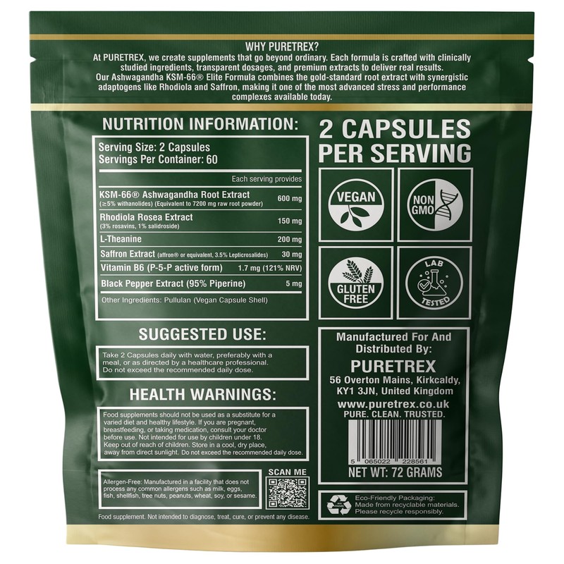 PURETREX Ashwagandha KSM-66 Elite Formula 7200mg Root Equivalent, Rhodiola Rosea,