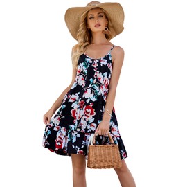 BUENOS NINOS Women's V Neck Floral Summer Dress Boho Printed Adjustable Spaghetti Strap Beach Short Dress with Pockets XXL, Black Flower