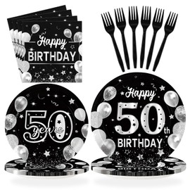 96Pcs Happy 50th Birthday Party Supplies Black and Silver 50th Plates and Napkins Tableware Sets Back in 1975 Birthday Party Decorations for Men Women Cheers to 50 Years Favors Decor Serves 24