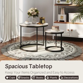 Otterease Nesting Tables Set of 2, Round Coffee Table, Small Nesting Coffee Table with Adjustable Non-Slip Fee, Wood Grain Top Nesting Tables for Living Room, Bedroom (Wood Grain Grey)