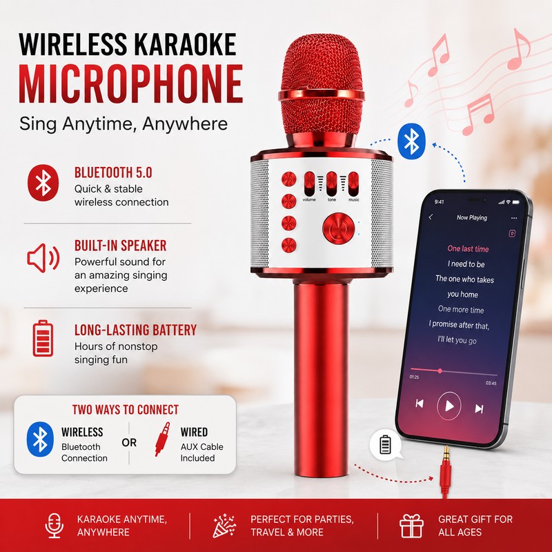 Wireless Bluetooth Karaoke Microphone with Built-In Speaker – Portable Singing
