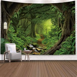 Mesnt Forest Tapestry, Wall Towel Tree Green Psychedelic Jungle Soft Fabric Living Room Bedroom Rug Picnic Blanket Wall Decoration (240 x 220 cm)