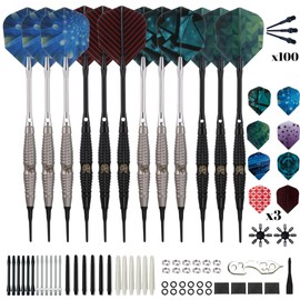 Shot Taker Co. Plastic Tip - Soft Tip Darts Set - 12 Pcs with 100 Extra Dart Tips 24 Flights Flight Protectors and Wrench for Electronic Dart Board (Silver-10472)