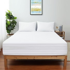 Full Size Striped Fitted Sheet Only White Color, 100% Egyptian Cotton 600 Thread Count, 16" Deep Pocket Premium Cotton Mattress Sheet (1 Bottom Sheet Only)