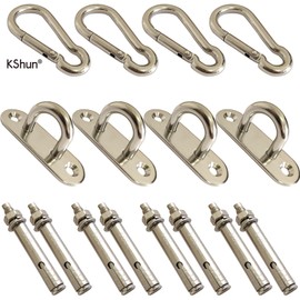KShun Pad Eye Plates 4 Sets Length 80 x 8mm Oval 304 Stainless Steel Ceiling Pad Eye Hooks Expansion Bolt and Carabiner Included Hanging Plant, External Light and Fence,(AC9111)