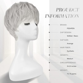 FESHFEN Pixie Cut Wigs Synthetic Platinum Grey Short Pixie Haircut Wig with Bangs Glueless Layered Wavy Granny Gray Wigs for Women Men