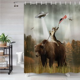 bzwcbei Funny Shower Curtain, Cat Riding Bear in Forest Cabin Hungting UFO Bathroom Shower Curtain Set, Shower Curtains Liner with Hooks, 60x70inches