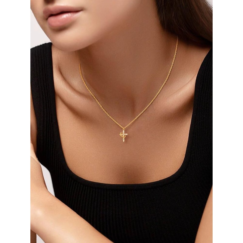 Women's Cross Necklace with Diamond Crown Cross Necklace Gold Women's