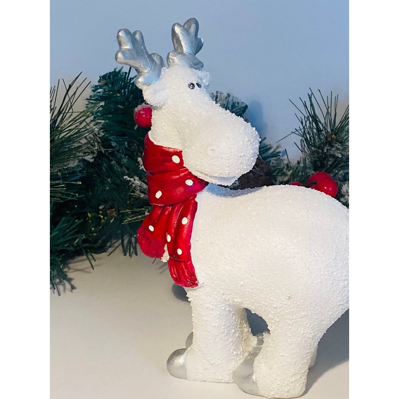 White Reindeer with Red Spotty Scarf Christmas Ornament (STANDING DEER