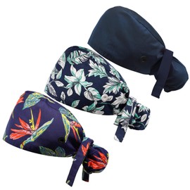 3pcs Long Hair Working Caps Buttons Sweatband Ribbon Tie Ponytail Hats Head Covers Hair Caps for Women