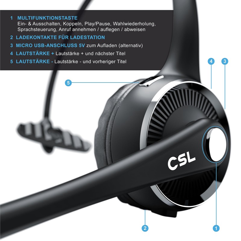 CSL - Headset kabellos mit Ladestation - Bluetooth PC Headset