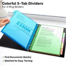 Dunwell Plastic Binder Dividers with Front Pocket (5 Tab), Clear Slash Single Pocket Divider with Tabs, 3 Ring Binder Pockets with Index Tab, Acid-Free, Notebook Dividers Include Label Inserts