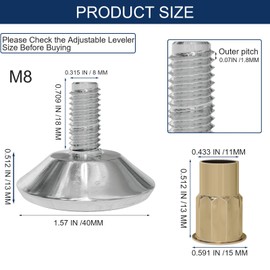 Likapop Thread Furniture Feet Levelers,Threaded Shank Adjust Pads, Adjustable Levelers Feet Screw On Furniture Glide Leveling for Table, Cabinets, Chairs, Furniture Legs (8, M8)