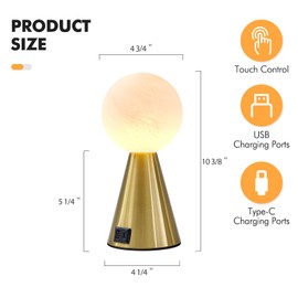 ZSANZYU Gold Small Table Lamp for Bedroom with USB A+C Ports, Modern Bedside Lamps for Night Stands, 3 Way Dimmable Touch Lamps with White Glass Shade for Small Spaces, Warm White LED Source