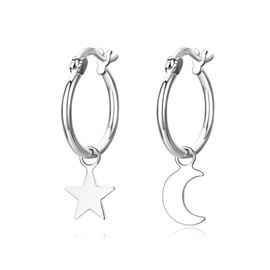 Asymmetrical Star Moon Dangle Hoop Earrings for Women S925 Sterling Silver Charms Tiny Star Crescent Moon Drop Dangling Polished Cartilage Leverback Earrings Cute Jewelry