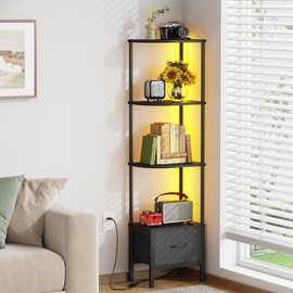 AFLUI 4-Tier Corner Bookshelf with Fabric Drawer and LED Light, 57" Bookcase for Small Space, Narrow Book Shelf for Corner, Display Shelf, Black