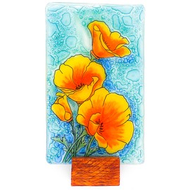 Bolla Glass Art - California Poppy Ornament Desk, Fused Glass with Wood Stand, 2.45x4.35 inches, Office or Shelf Decoration