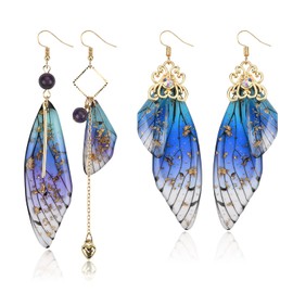 ABONDEVER Cottagecore - arete de ala de mariposa, 1 par de arete de ala de hadas y 1 par de arete asimétricos de Fairycore para mujer, Metal, No es una piedra preciosa