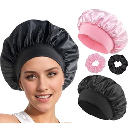 JRYXDS 2 Stück Silk Bonnet Sleep Cap Verstellbar Satin Haarhaube Silk Bonnet Sleep Cap Damen Mädchen Atmungsaktive Schlafkappe Duschhauben Für Verschiedene Haartypen Mit 2 Stück Satin Haargummis