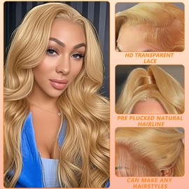 Geomone 30 Inch Honey Blonde Wig Human Hair 200 Density Honey Blonde Lace Front Wigs Human Hair Pre Plucked HD Lace Front Wig Human Hair 27# Colored 13x6 Body Wave Lace Frontal Wigs