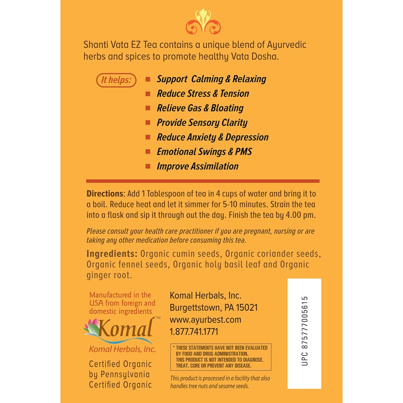 Shanti Vata EZ Herbal Tea, Organic, USDA Certified Organic, Net