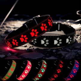 DOGLED LED Light Up Dog Collar, USB-C Rechargeable, Multicolor Paw Print Design, 15 Modes Lighting Night Safety (Black, L(15.7-19.7"))