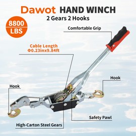 Dawot Come Along Winch 4T/8800lbs Come Along Ratchet Tool with 2 Gears 2 Hooks Hand Winch with 9.8ft Steel Cable Automotive Hoist Winch Puller for Construction, Automotive Farm Work