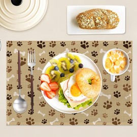 Dog Cat Paw Print Bones Placemats Set of 6,12x18 Inch Table Mats for Kitchen Table Washable Farmhouse Linen Table Mats Dining Decoration
