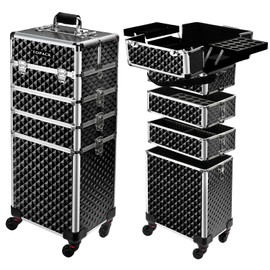 TOPACK Professional 5-In-1 Rolling Makeup Train Case, Large Makeup Travel Case with Key Shoulder Strap/Handle Cushion I Makeup Train Case Organizer I Cosmetology Case on Wheels I Black