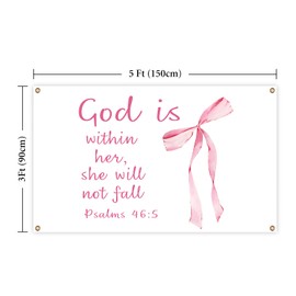 Pink Bow Flag Christian Tapestry 3×5 FT Banner God is within Her She Will Not Fall Bible Verse Wall Blanket Decor (Pink Coquette Bow)