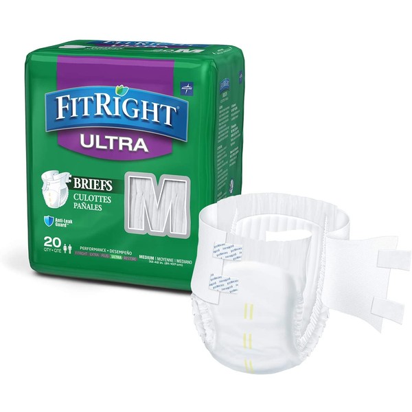 Medline - FITULTRAMD FitRight Ultra Adult Diapers, Disposable Incontinence Briefs with Tabs, Heavy Absorbency, Medium, 32"-42", 4 packs of 20 (80 total)