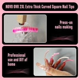 NOVO OVO Curved Nail Tips Press on Full Cover, Extra Curve Square Gel x Thick Long XL XXL Acrylic Fake Nails Extension kit, Clear Pre-etched Soft French False Nail 12 Sizes 240pc (QUEEN SQUARE PRO)