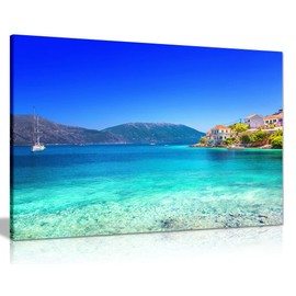 Blue Beach Sea Nature Kefalonia Island Greece Canvas Wall Art Picture Print (36x24in)