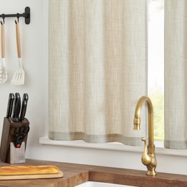 TOPICK Half-Curtains, Bistro Curtains, Linen Look Window Curtains, Gauze Window Scarves, Semi-Transparent, Kitchen, Living Room, Country House, Set of 2, 63 (W) x 60 (H) (cm), Beige