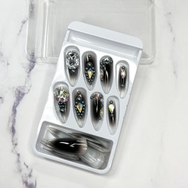 MERVF Long Stiletto Press on Nails Black Goth Fake Nails, 3D Rhinestones Charms Acrylic Glue ons Aura Dark Desgin Supplies Glossy 24pcs